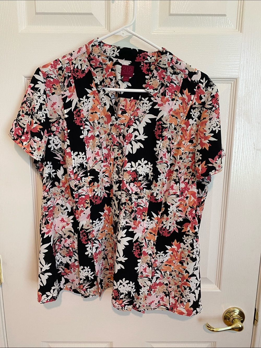 212 Collection Black Floral Short-Sleeve V-Neck Top with Pink & Orange Accents